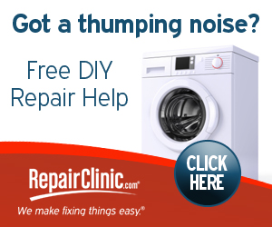 A graphic of a washer/dryer with text reading: Got a thumping noise? Free DIY repair help. Click here. RepairClinic.com, We make fixing things easy.