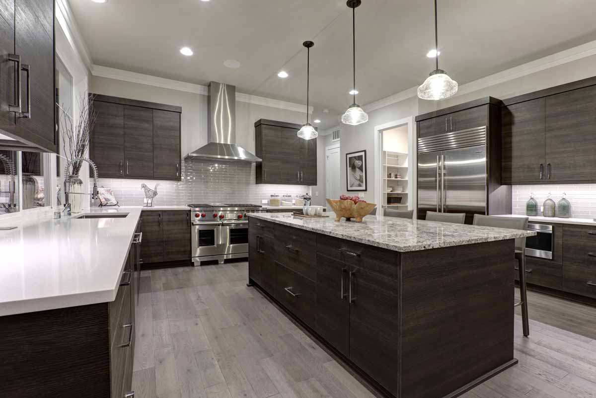 Large kitchen with granite countertops