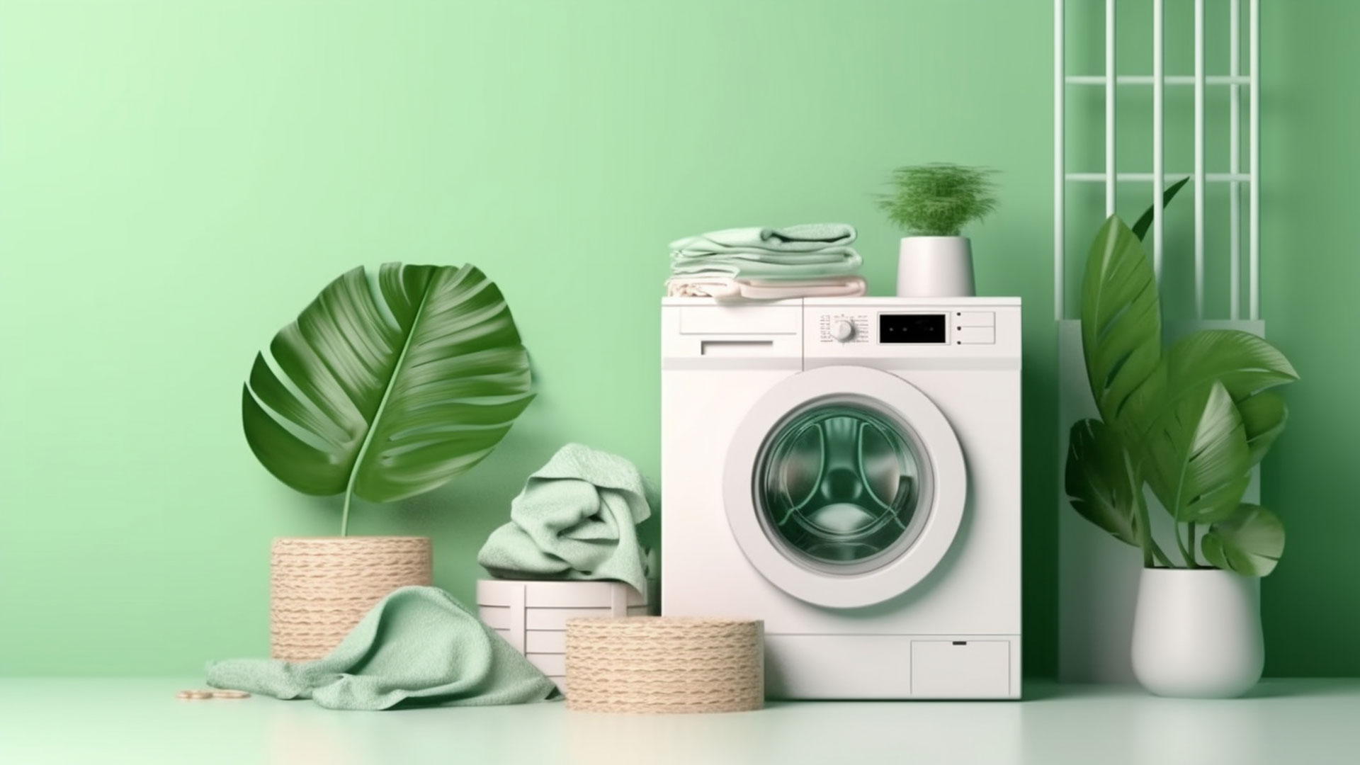 Washing machine in a room with green walls, surrounded by houseplants