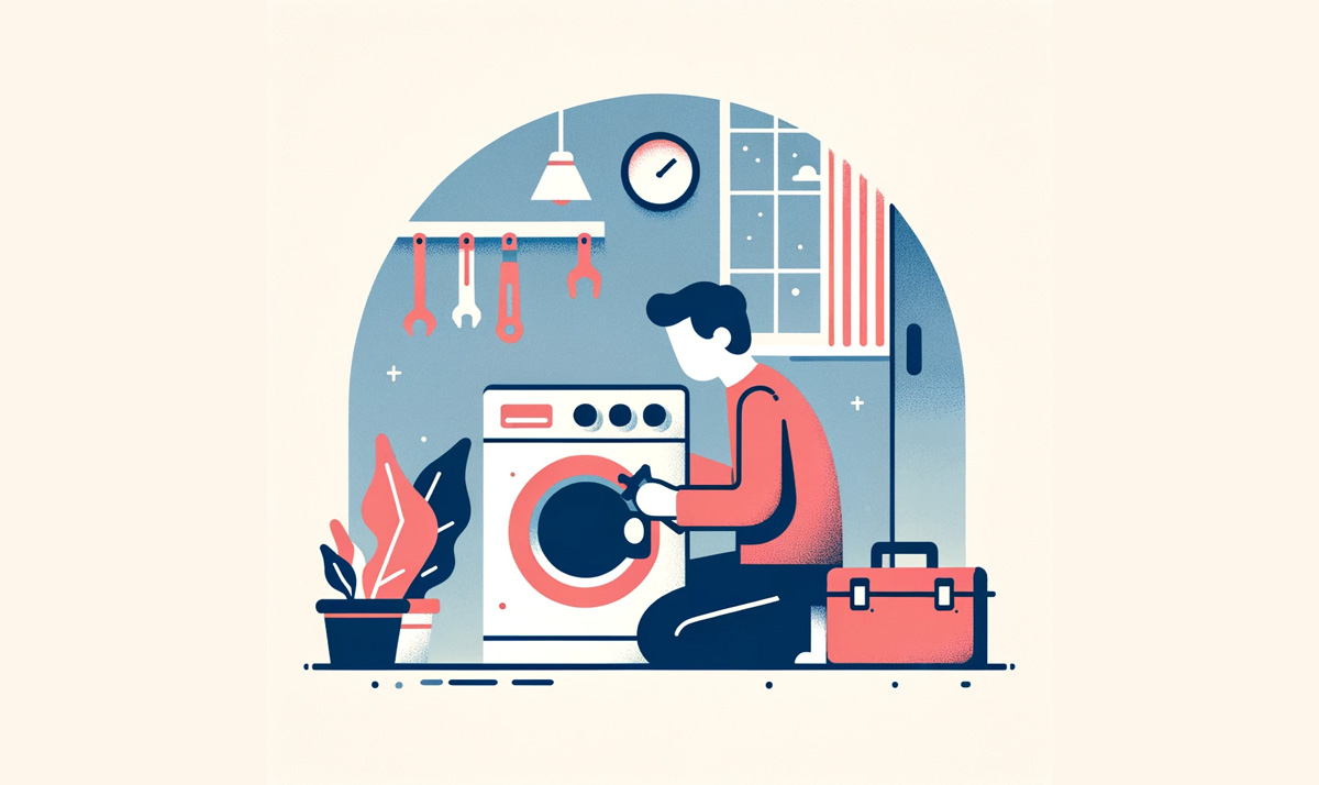 Illustration of homeowner kneeling to repair washing machine